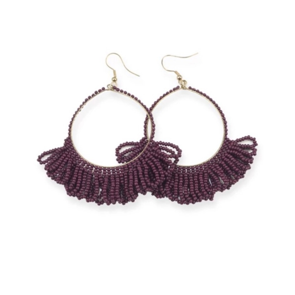 Seed Bead Fringe Hoop Earrings, Purple